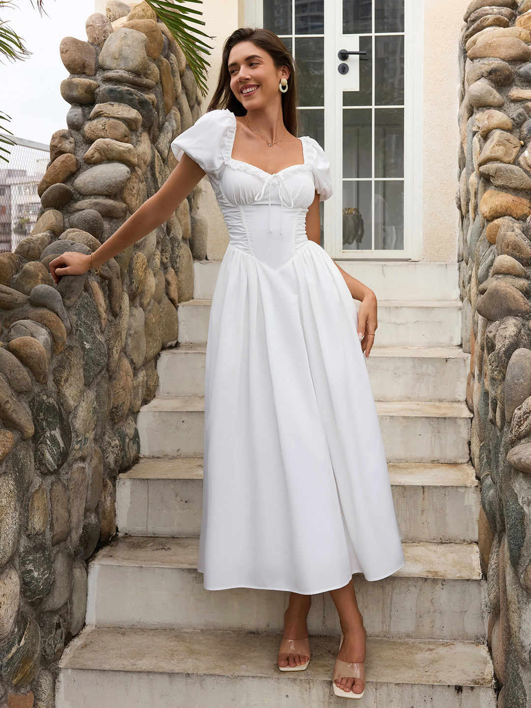 Puff Sleeve Lace Trim Ruched With Pockets Midi Dress, White / XS Puff Sleeve Lace Trim Ruched With Pockets Midi Dress, White / XS