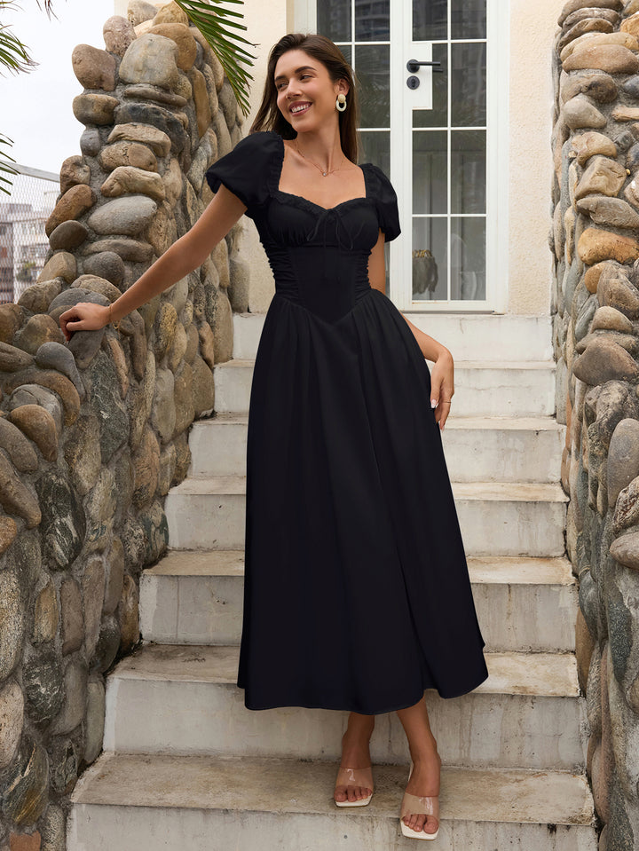 Lace Puff Sleeve Trim Ruched With Pockets Midi Dress#color_black