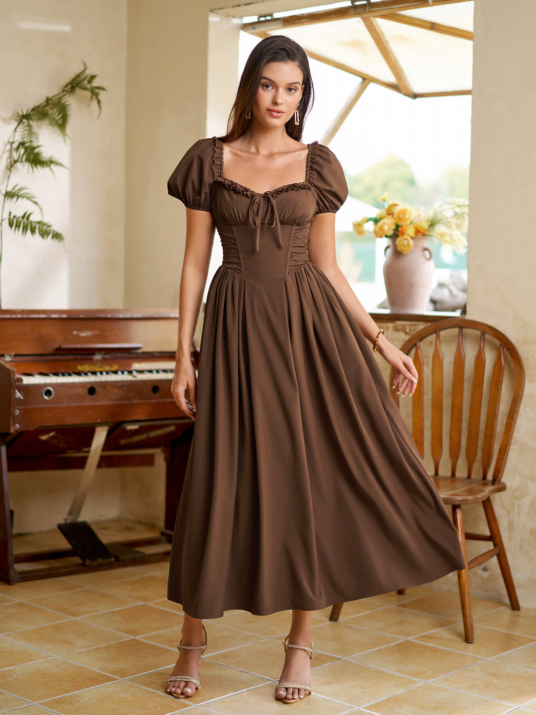 Lace Puff Sleeve Trim Ruched With Pockets Midi Dress#color_brown