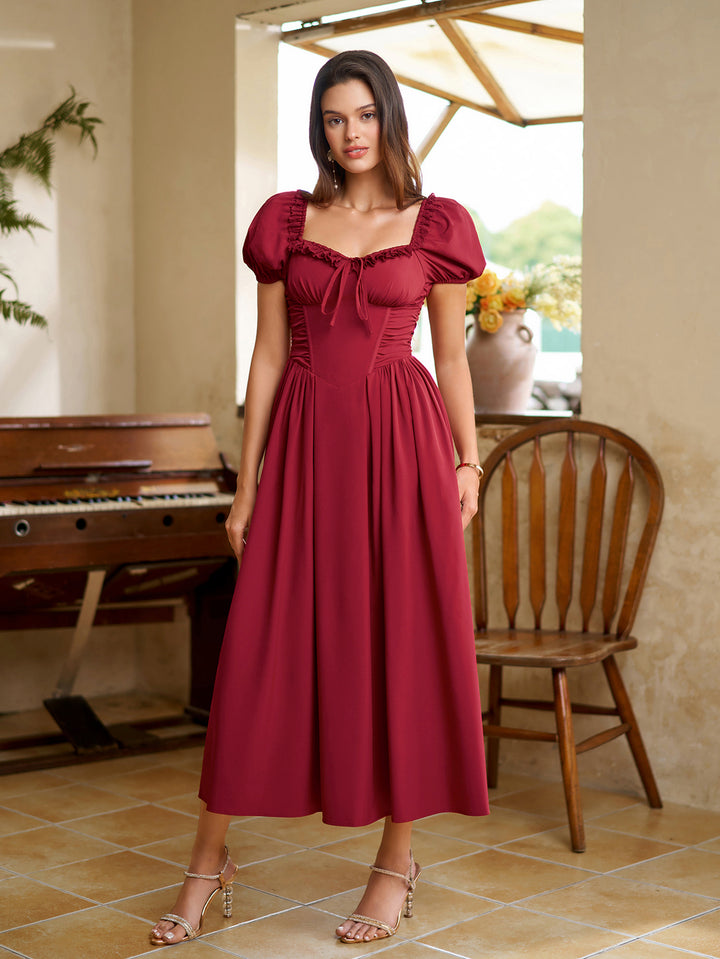 Lace Puff Sleeve Trim Ruched With Pockets Midi Dress#color_red