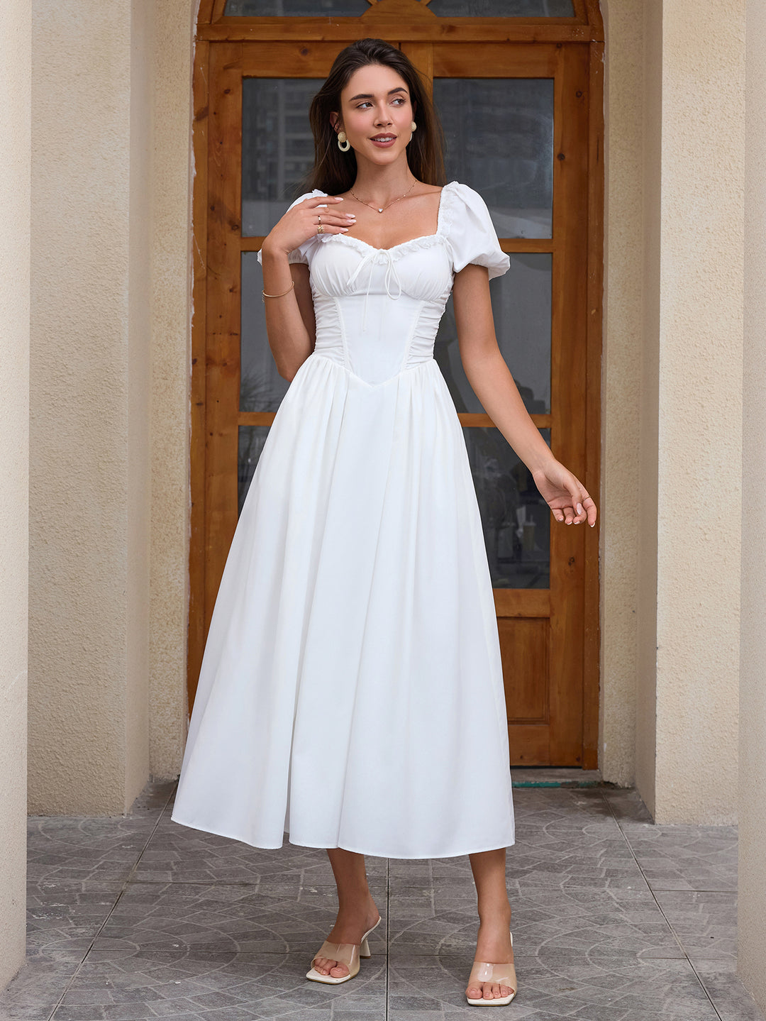 Puff Sleeve Lace Trim Ruched With Pockets Midi Dress, White / XS Puff Sleeve Lace Trim Ruched With Pockets Midi Dress, White / XS