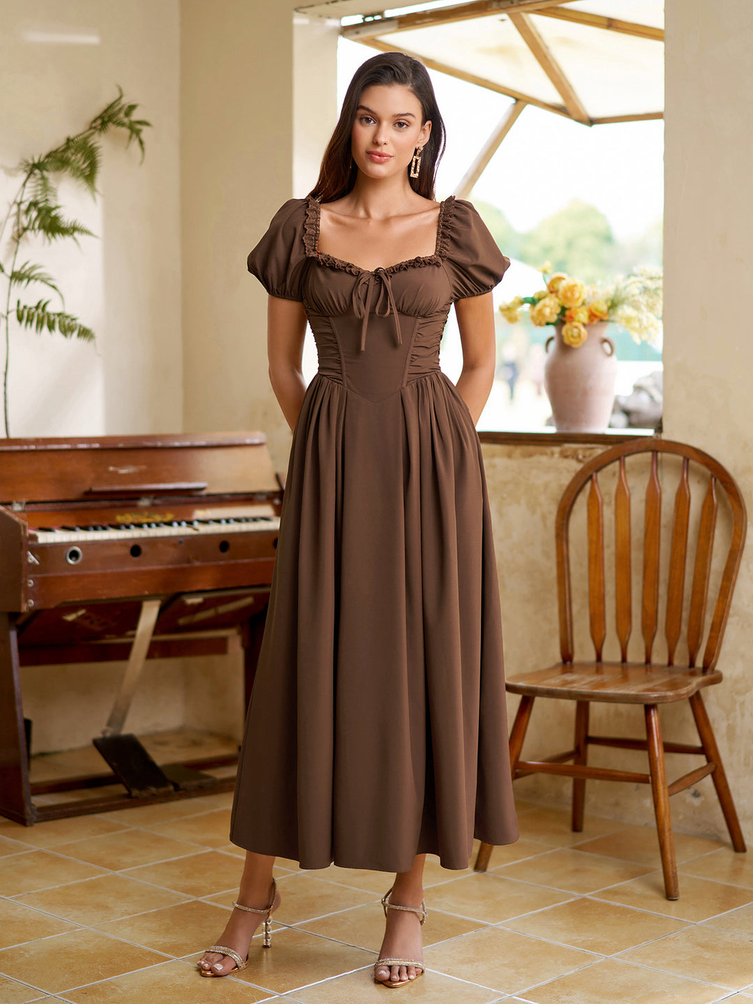 Puff Sleeve Lace Trim Ruched With Pockets Midi Dress#color_brown