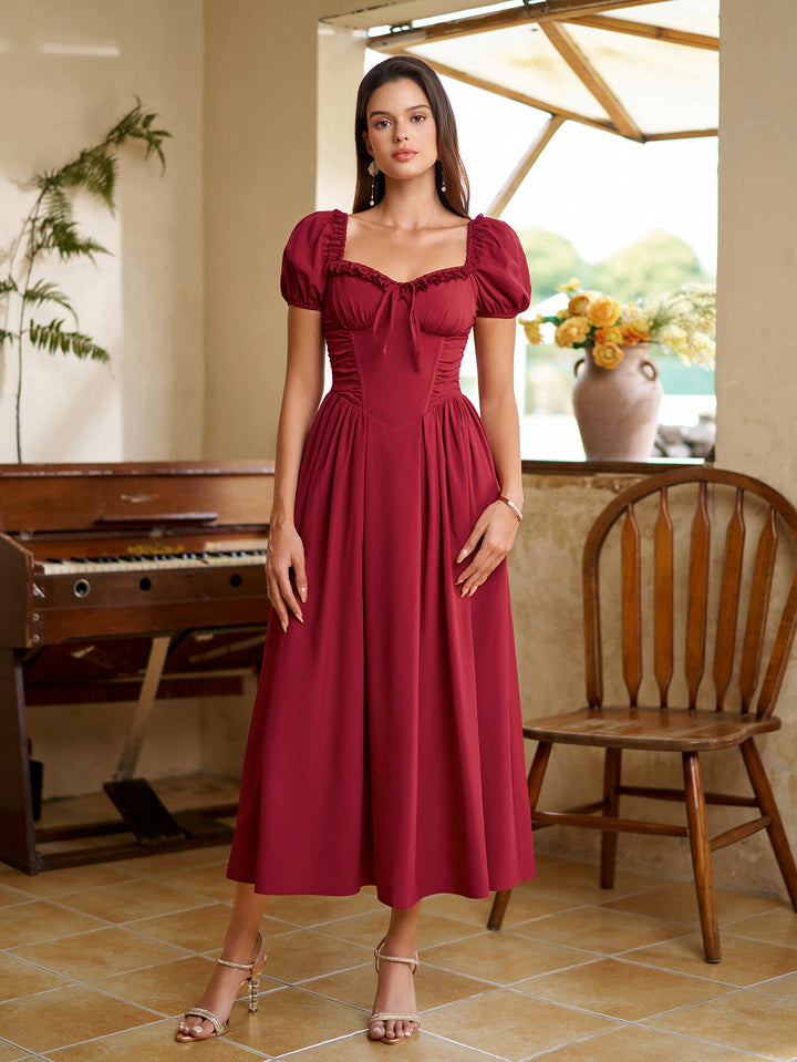 Puff Sleeve Lace Trim Ruched With Pockets Midi Dress#color_red