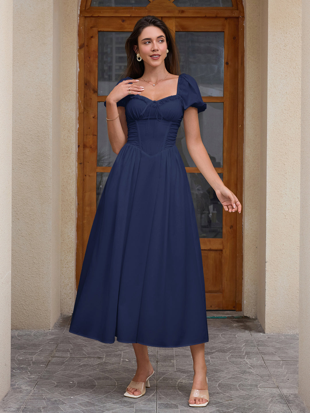 Puff Sleeve Lace Trim Ruched With Pockets Midi Dress#color_navy