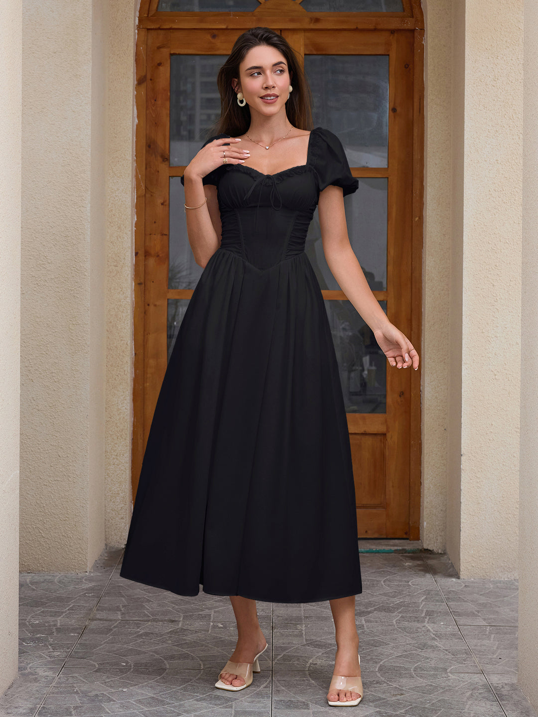 Puff Sleeve Lace Trim Ruched With Pockets Midi Dress#color_black