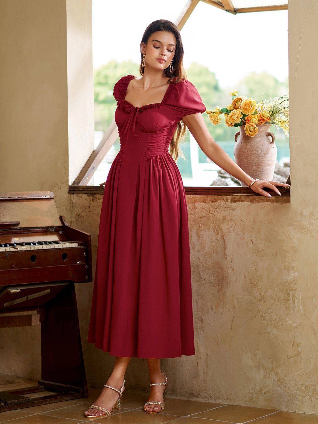 Sleeve Lace Puff Trim Ruched With Pockets Midi Dress#color_red