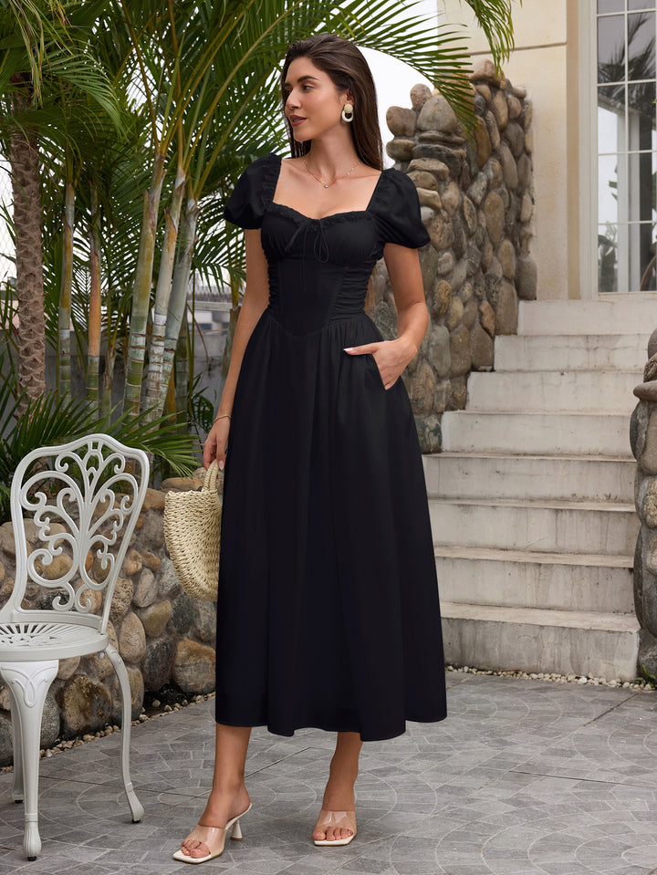 Sleeve Lace Puff Trim Ruched With Pockets Midi Dress#color_black