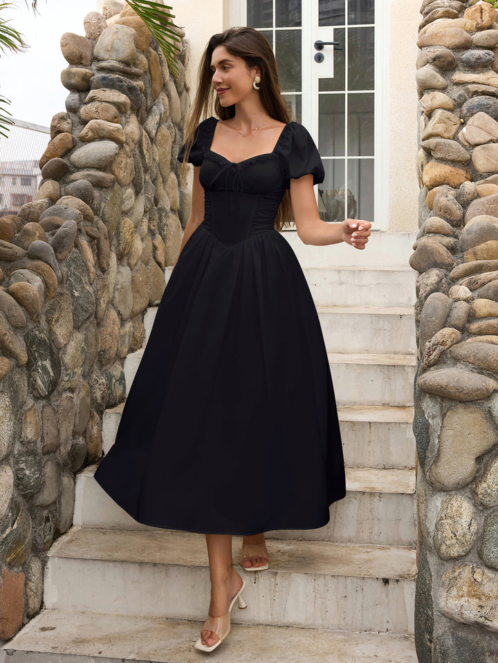 Sleeve Puff Lace Trim Ruched With Pockets Midi Dress#color_black