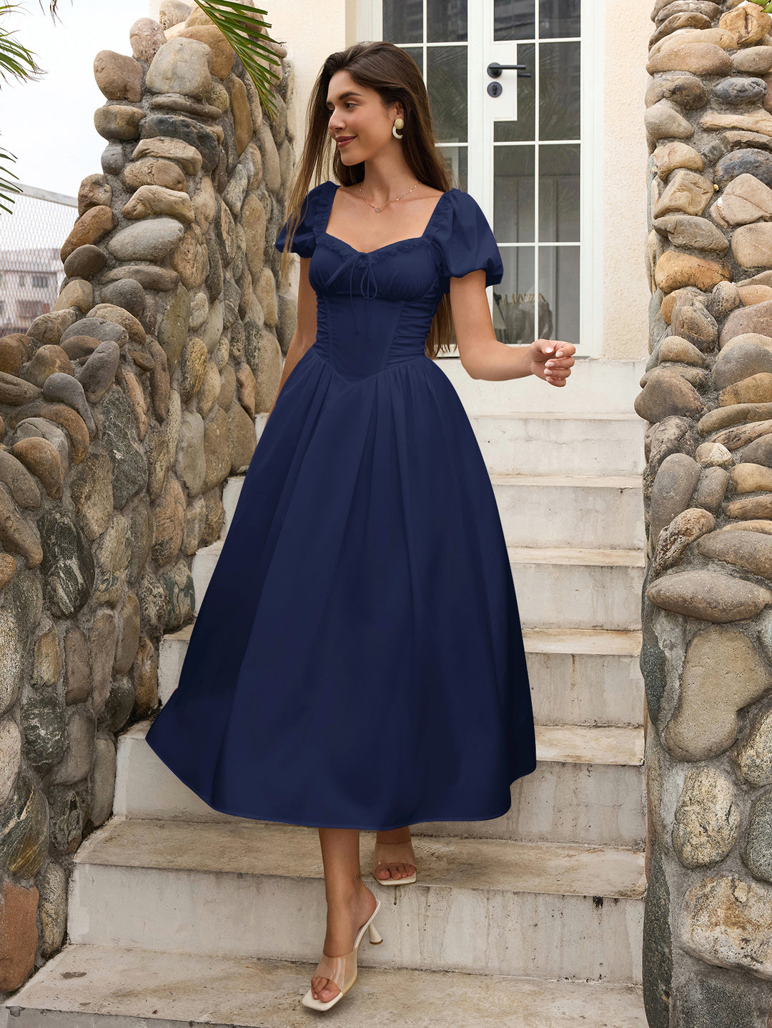 Sleeve Puff Lace Trim Ruched With Pockets Midi Dress#color_navy