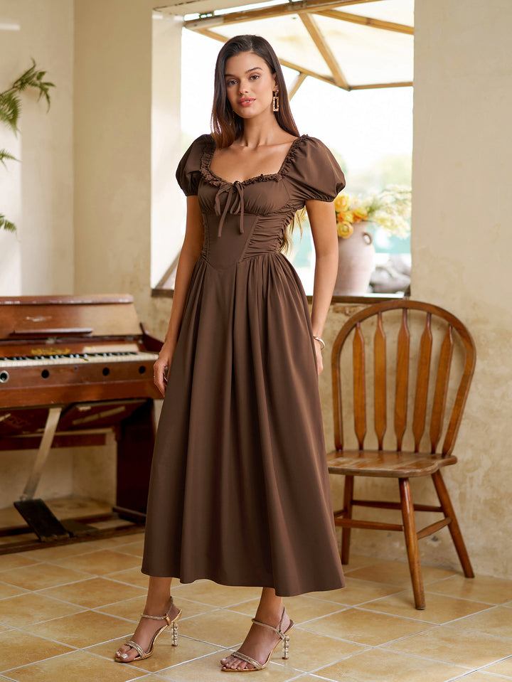 Sleeve Puff Lace Trim Ruched With Pockets Midi Dress#color_brown