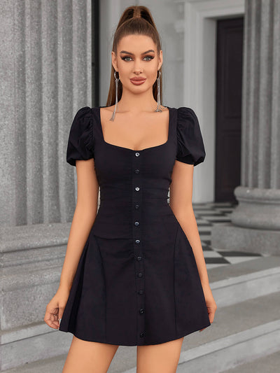 puff sleeve ruched a-line dress#color_black
