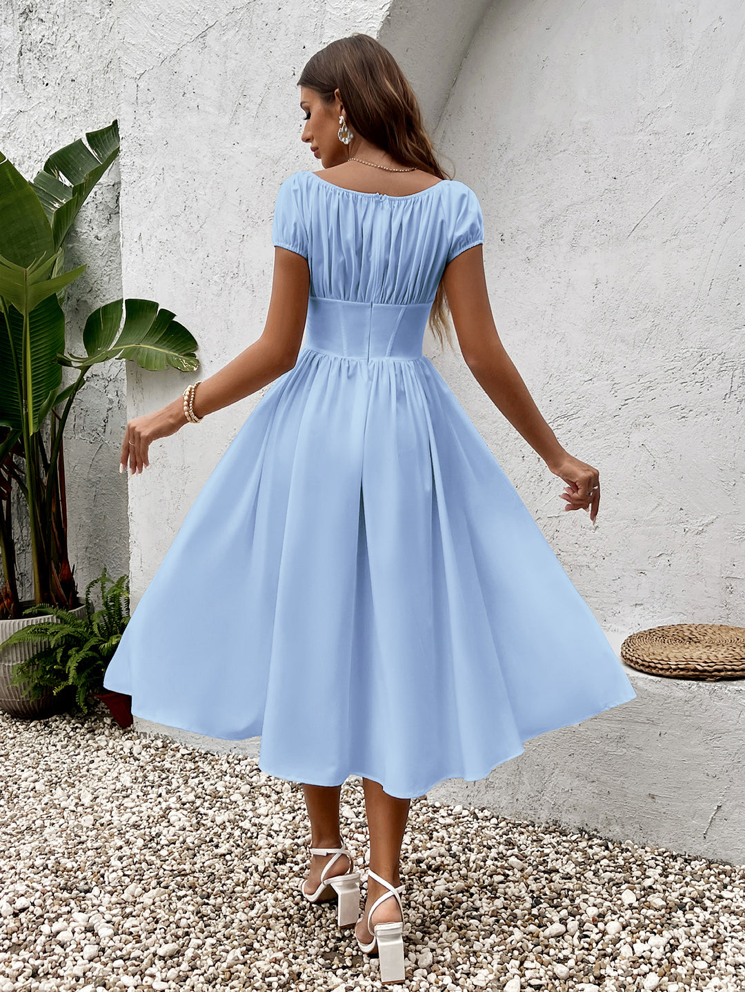 puff sleeve ruched side split midi dress Square Neck Puff Sleeve Ruched Bust Midi Dress, White / XS