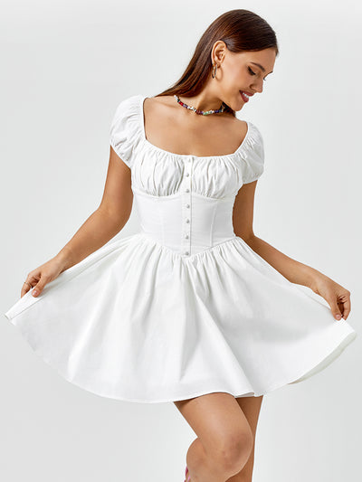 puff sleeve ruched bust button mini dress#color_white
