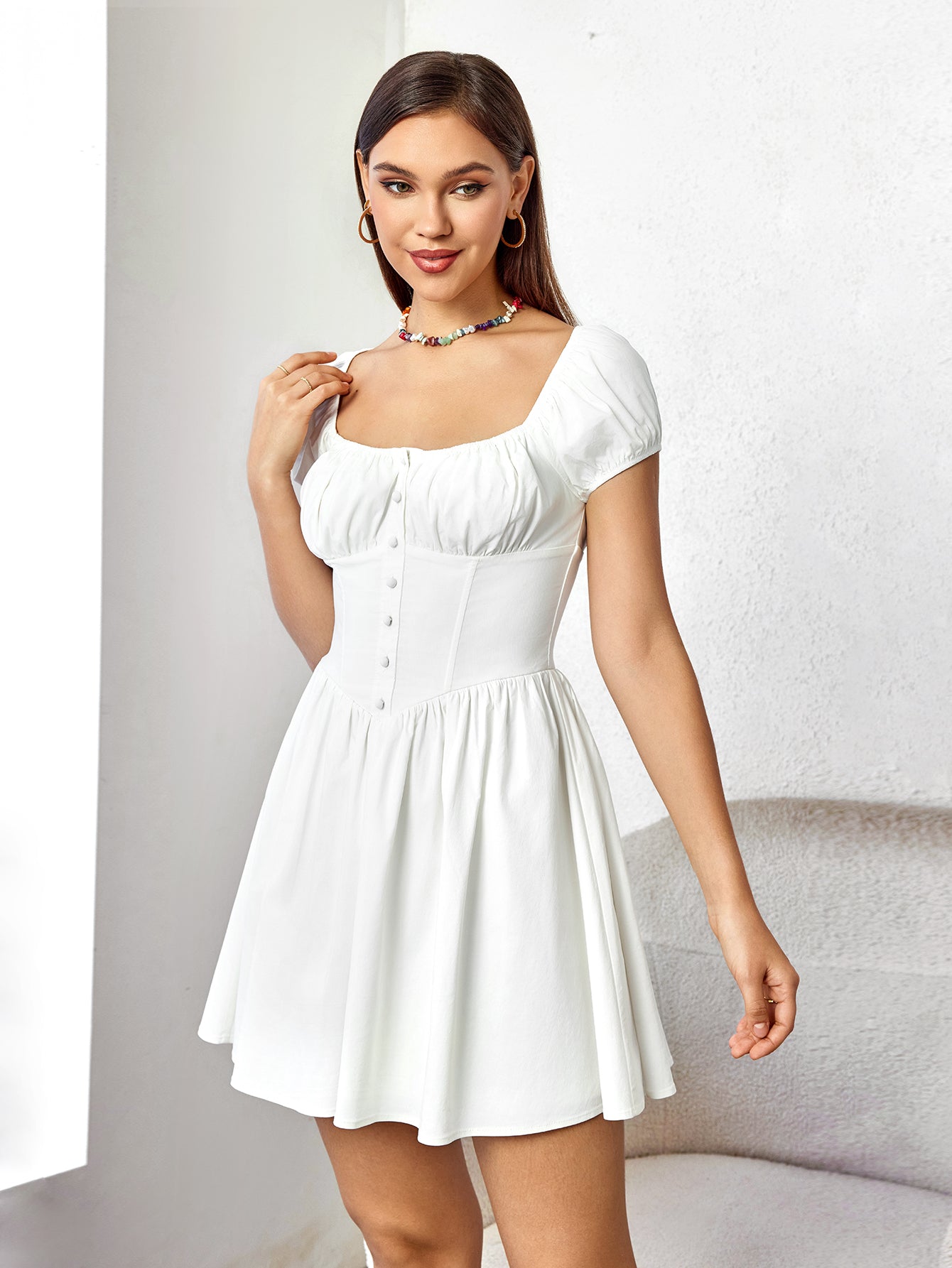 button puff sleeve ruched bust mini dress#color_white