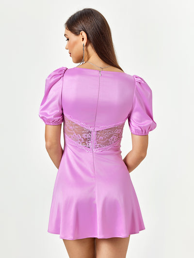satin puff sleeve patchwork lace dress#color_lilac
