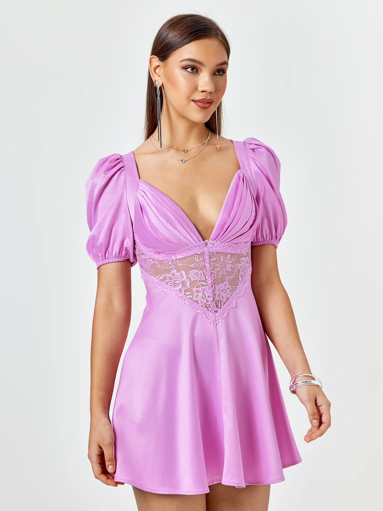 patchwork lace puff sleeve satin dress#color_lilac