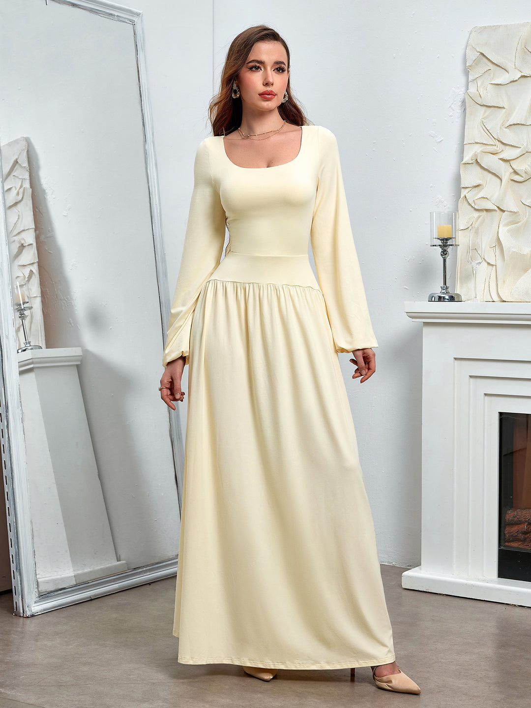 Puff Sleeve Square Neck Flared Bodycon Long Dress, Ivory / Xs Puff Sleeve Square Neck Flared Bodycon Long Dress, Ivory / Xs