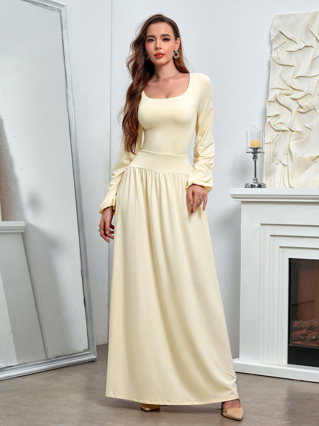Puff Sleeve Square Neck Flared Bodycon Long Dress, Ivory / XS Puff Sleeve Square Neck Flared Bodycon Long Dress, Ivory / XS
