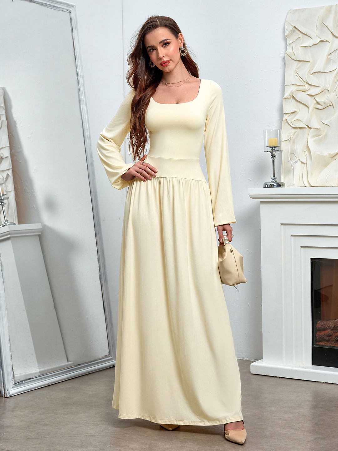 Puff Sleeve Square Neck Flared Bodycon Long Dress Parthea Fashion Puff Sleeve Square Neck Flared Bodycon Long Dress Parthea Fashion