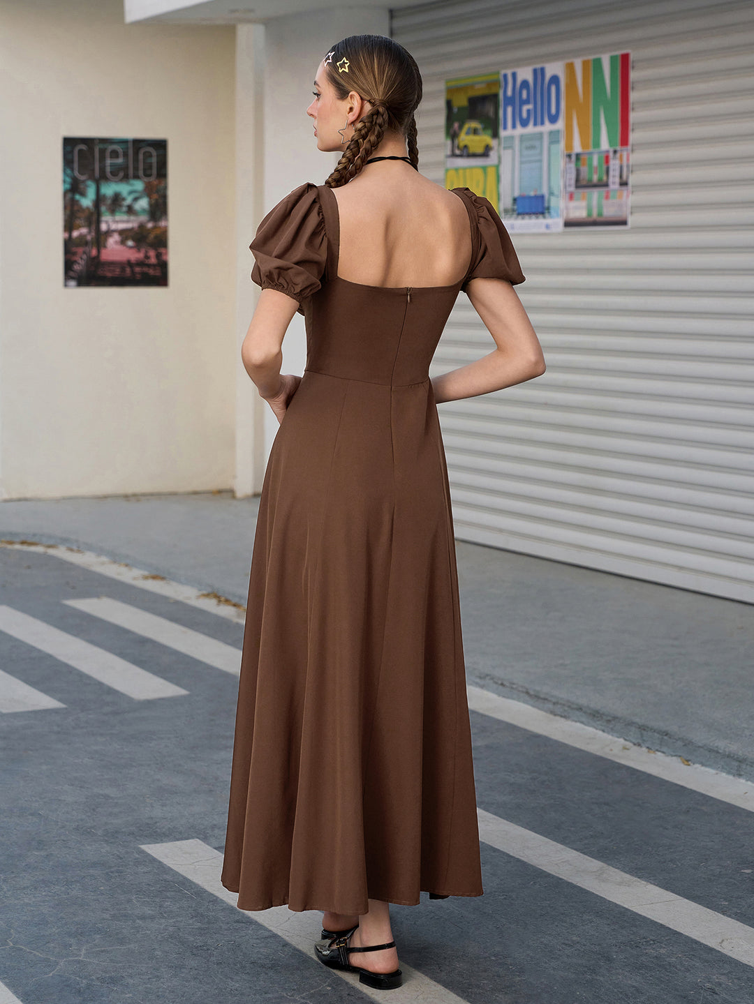 brown puffy dress Elegant Retro Brown Tea Length Tulle Prom Dress, Puffy Homecoming Dres shopluu