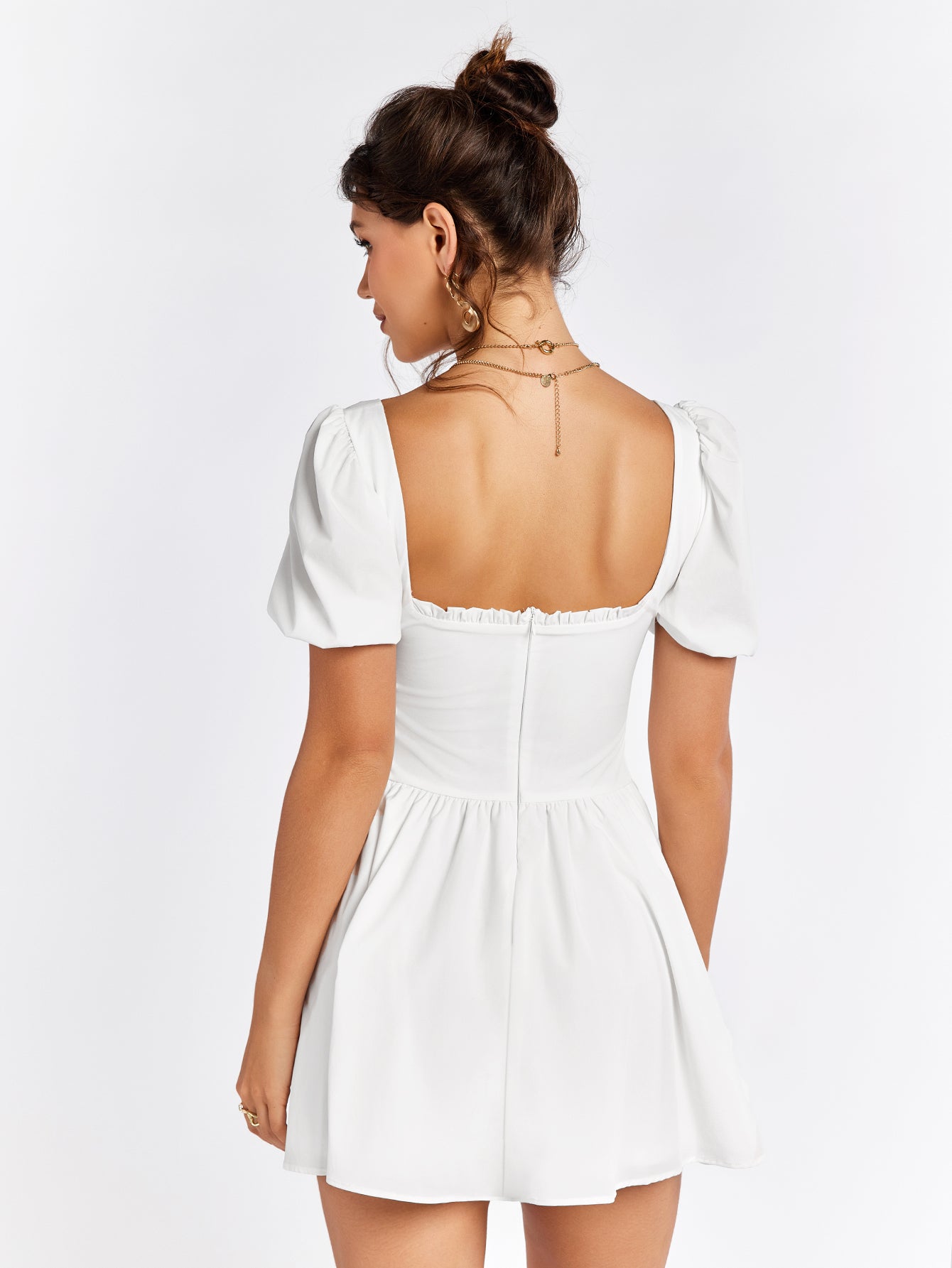 zipper back puff sleeve mini dress#color_white