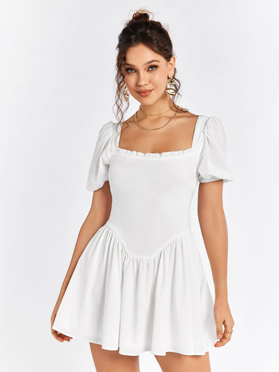 white zipper back puff sleeve mini dress#color_white