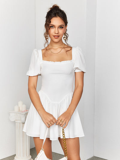 zipper back white puff sleeve mini dress#color_white
