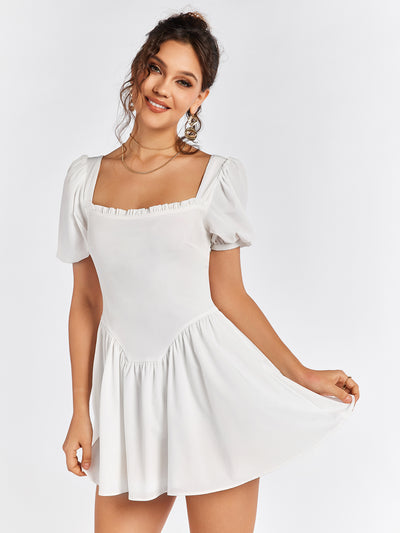 puff sleeve zipper back mini dress#color_white