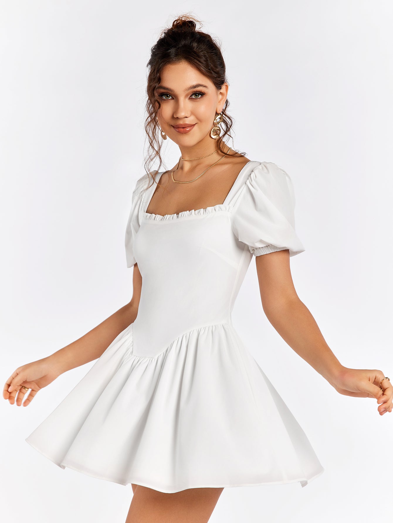 puff sleeve white zipper back mini dress#color_white