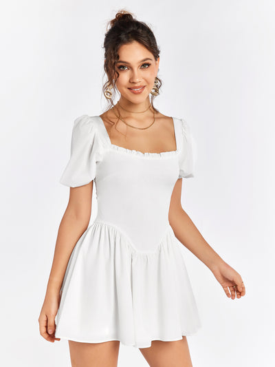 white puff sleeve zipper back mini dress#color_white