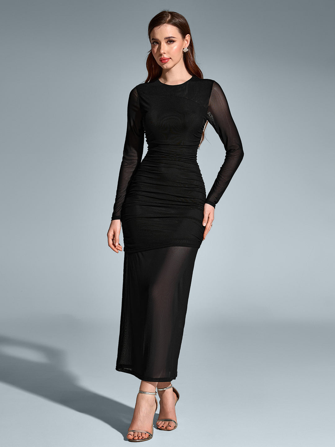 Round Neck Ruched Mesh Bodycon Dress, Black / XS Round Neck Ruched Mesh Bodycon Dress, Black / XS