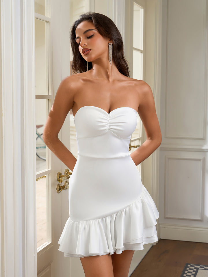 Asymmetrical Hem Ruched Bust Zipper Satin Tube Dress#color_white