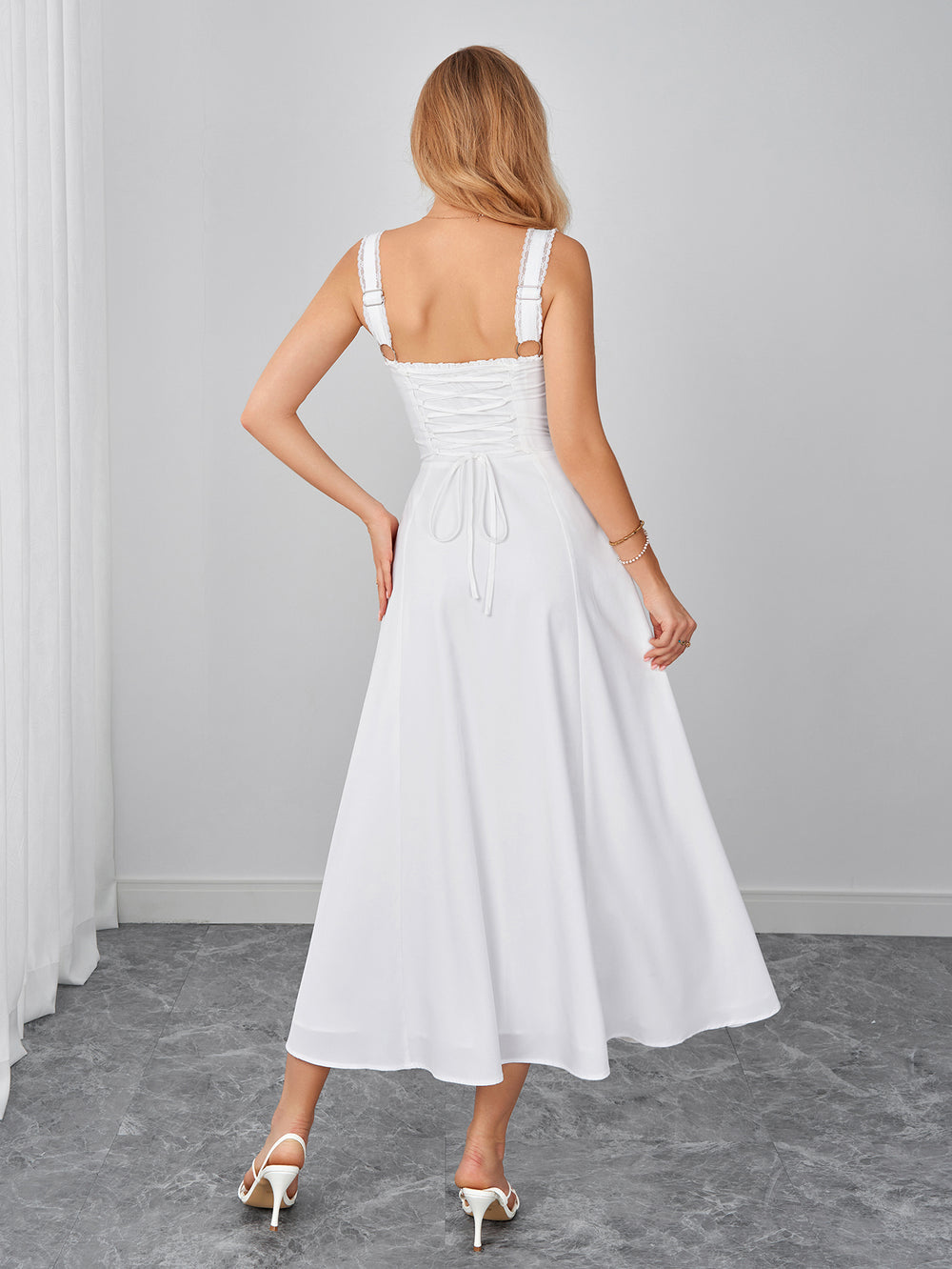 Ruched Bust Crisscross Back Bow Tie Front Dress#color_white