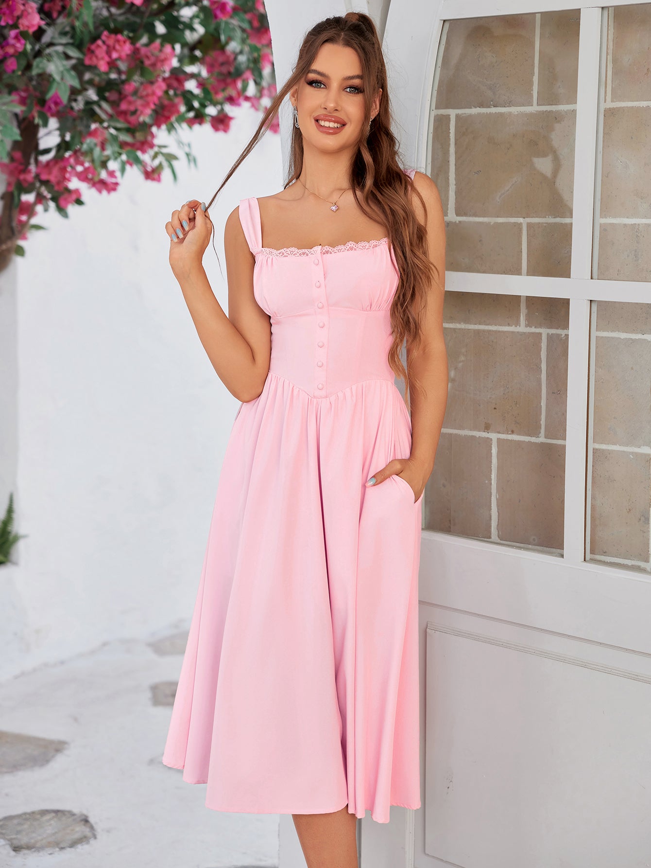 button front ruched bust cami dress#color_pink