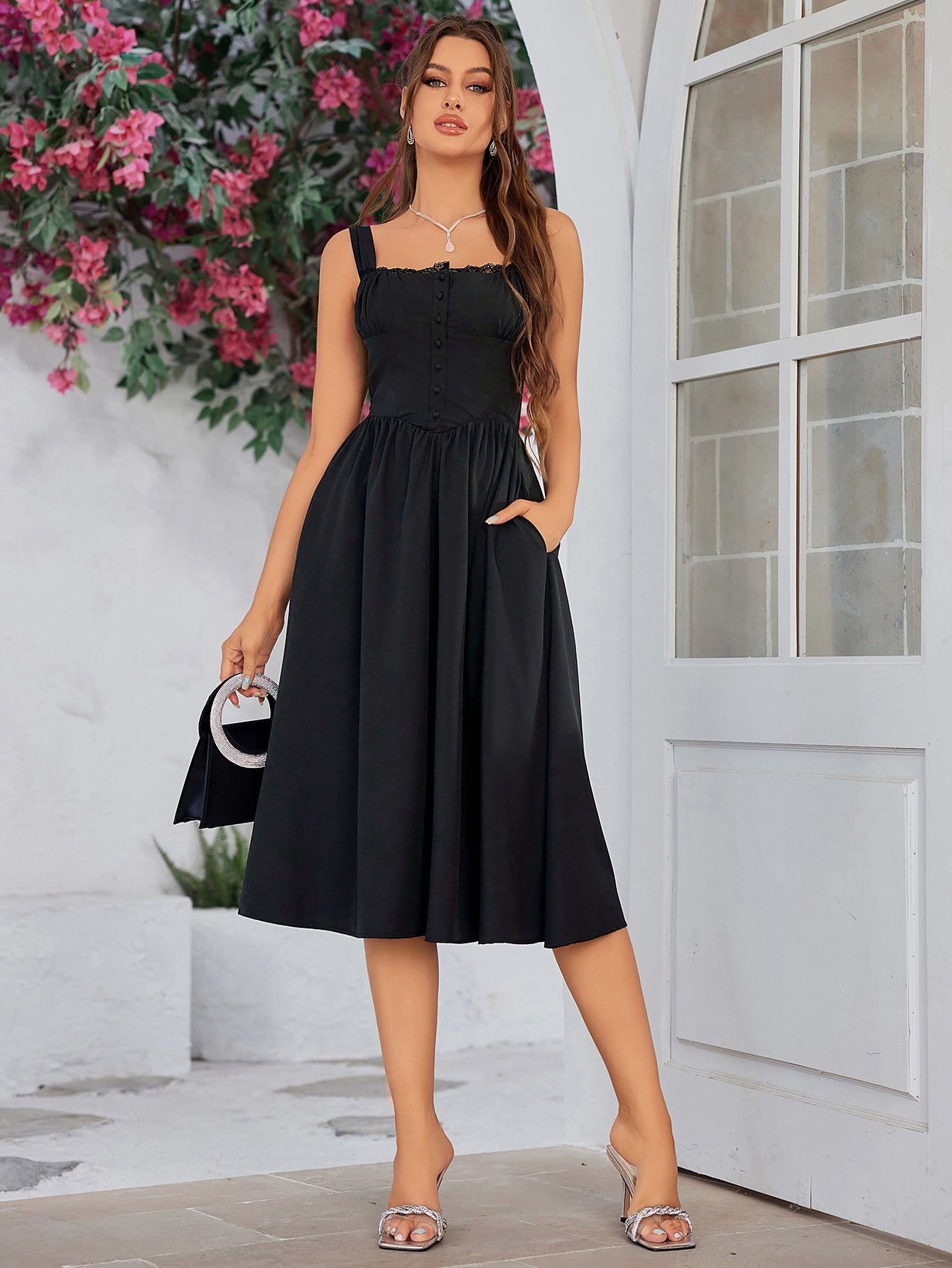button front ruched bust cami black dress#color_black