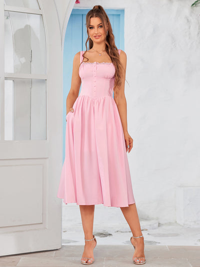 backless button front ruched bust cami dress#color_pink