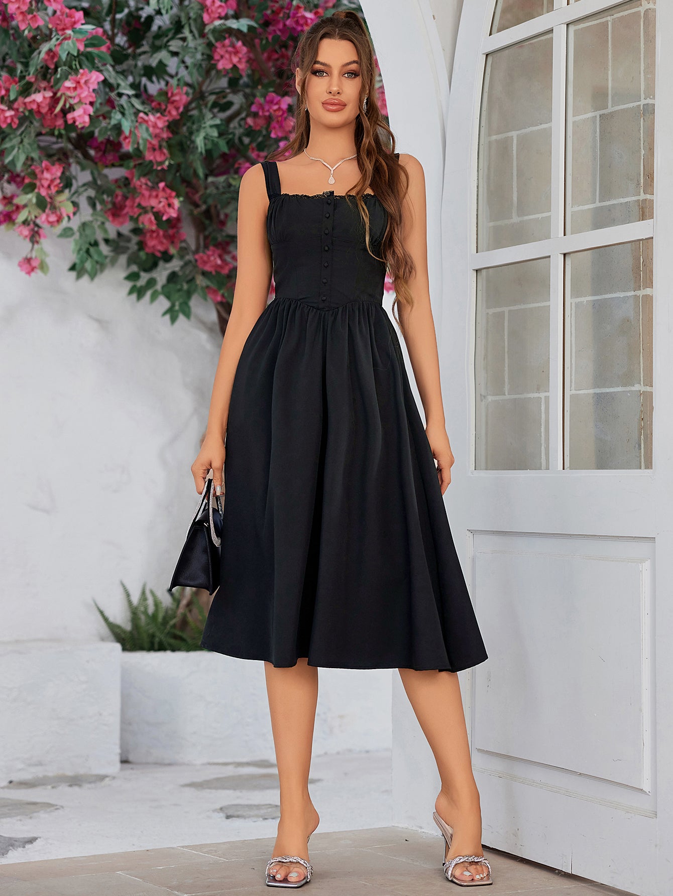 backless button front ruched bust cami dress#color_black