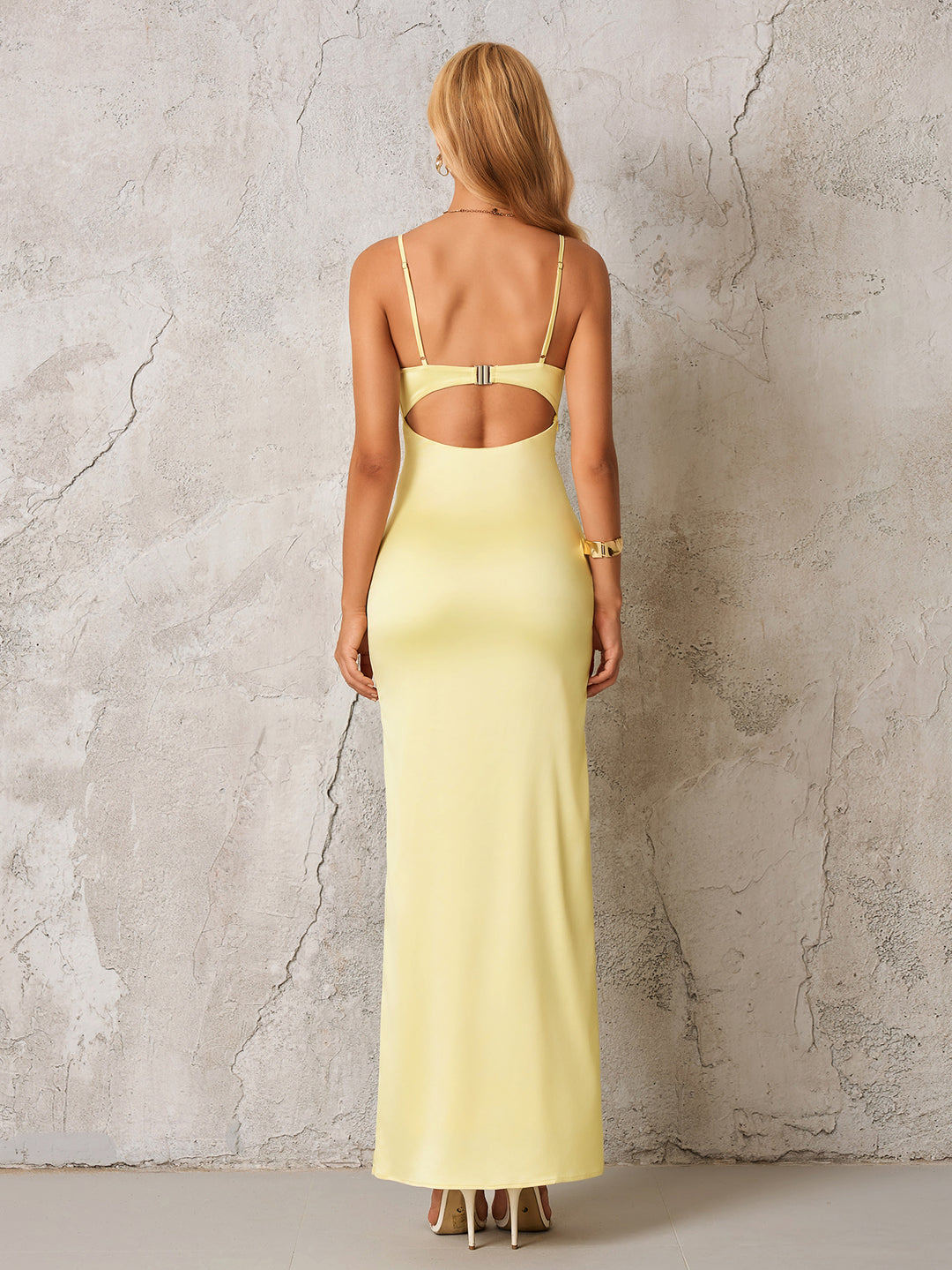 Ruched Bust Backless Cut Out Satin Dress#color_yellow