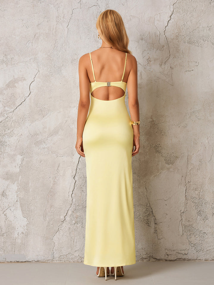 Ruched Bust Backless Cut Out Satin Dress#color_yellow
