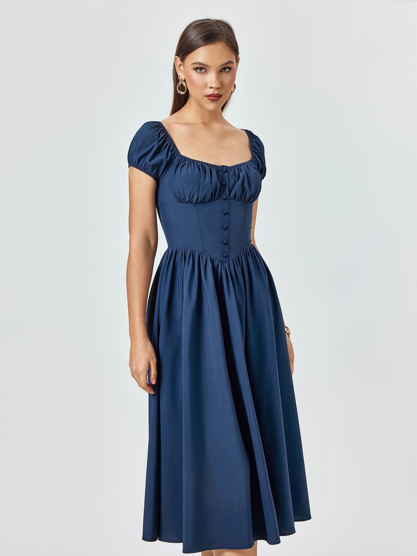 puff sleeve ruched bust embellished maxi dress#color_navy