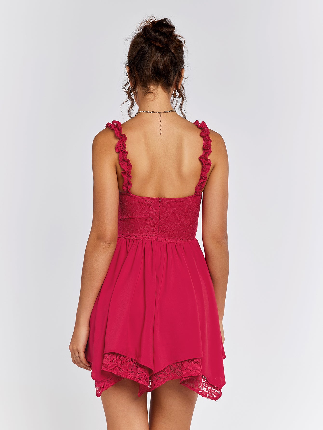 lace ruched bust patchwork cami dress#color_red