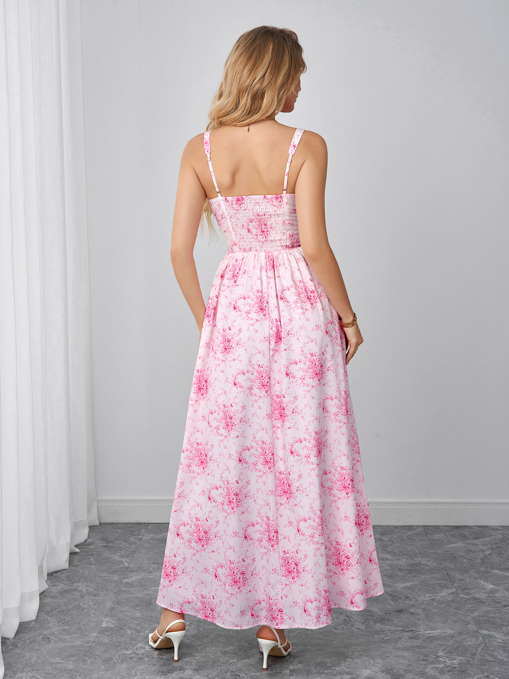 Ruched Bust Pocket Lace Trim Floral Print Dress#color_pinkfloral