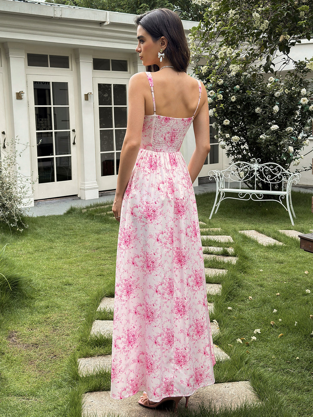 Ruched Bust Pocket Lace Trim Floral Print Dress#color_pinkfloral