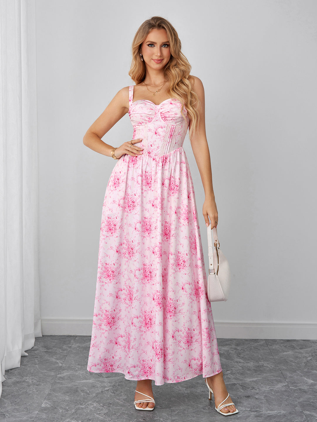 Ruched Bust Lace Trim Pocket Floral Print Dress