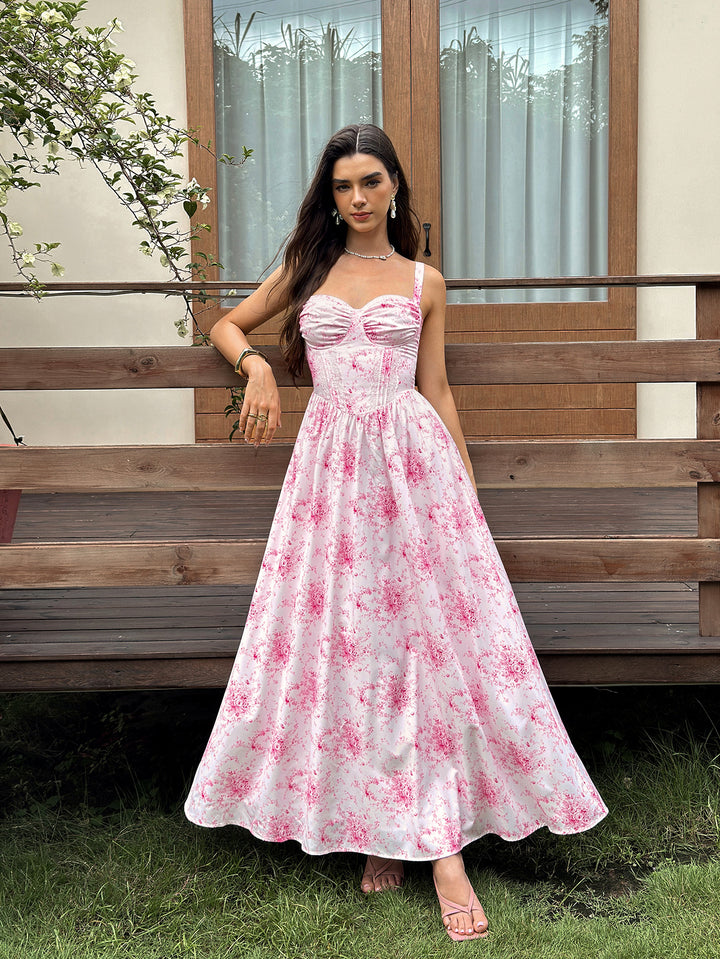 Ruched Bust Lace Trim Pocket Floral Print Dress