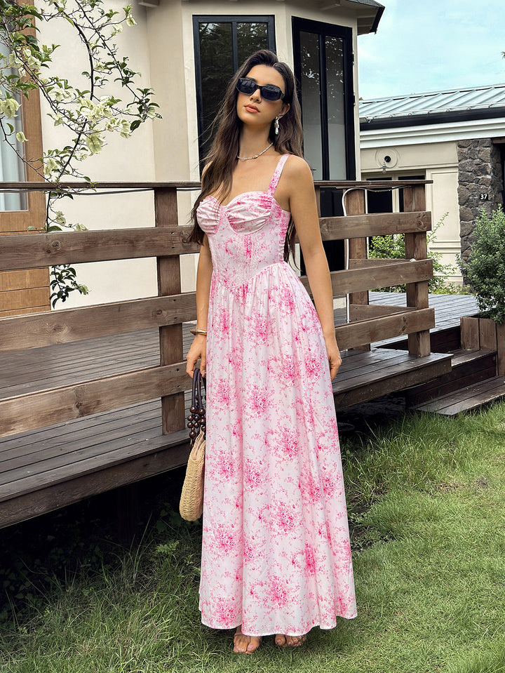 Lace Trim Ruched Bust Pocket Floral Print Dress