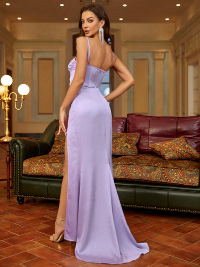 slit hem ruched bust maxi dress#color_lavender