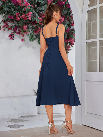 split thigh ruched bust cami dress#color_navy