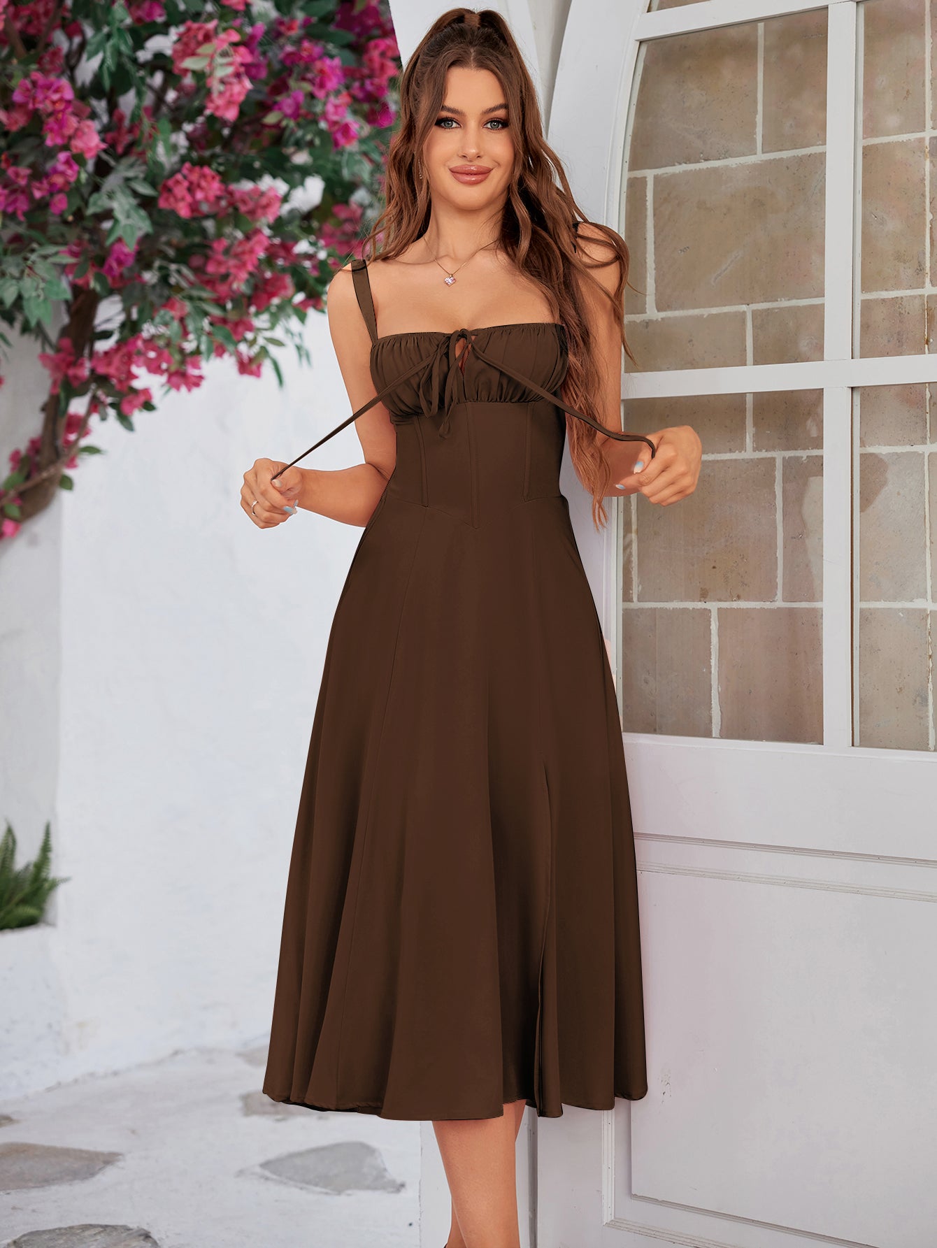 cami split thigh ruched bust dress#color_brown