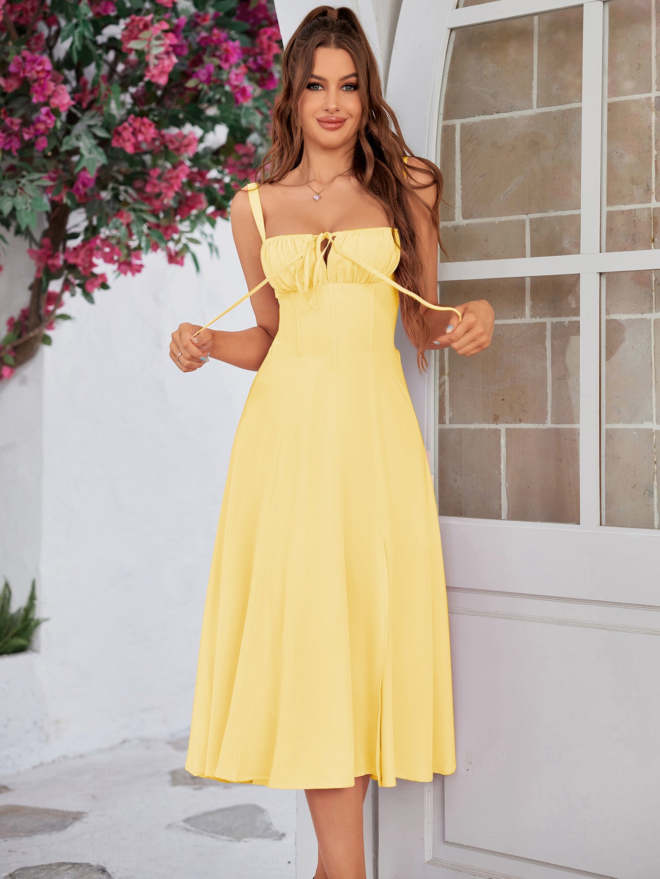 cami split thigh ruched bust dress#color_yellow